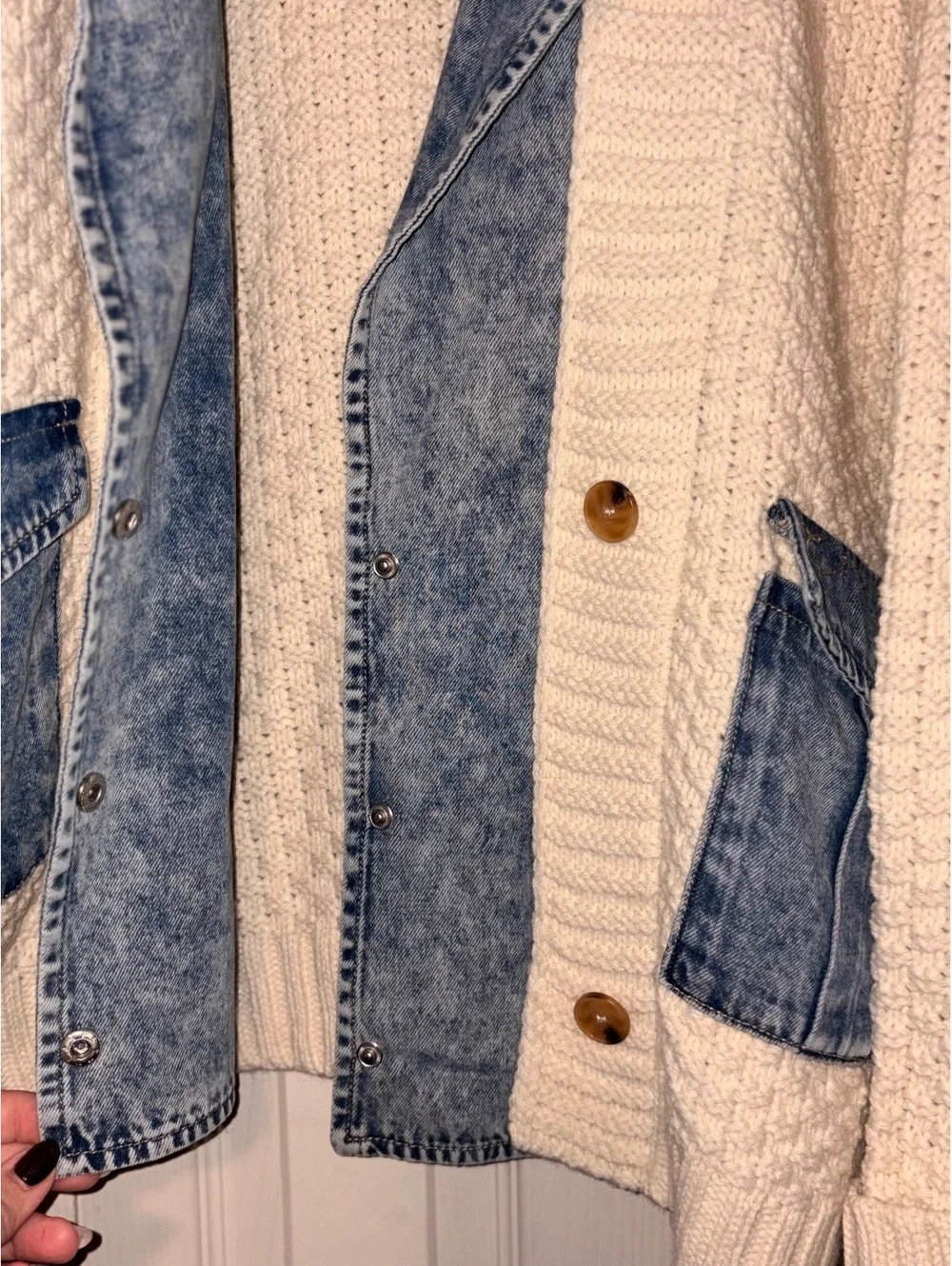 Altar'd State Hadley Cable Denim Mixed Cardigan Womens L Cream Jean Jacket